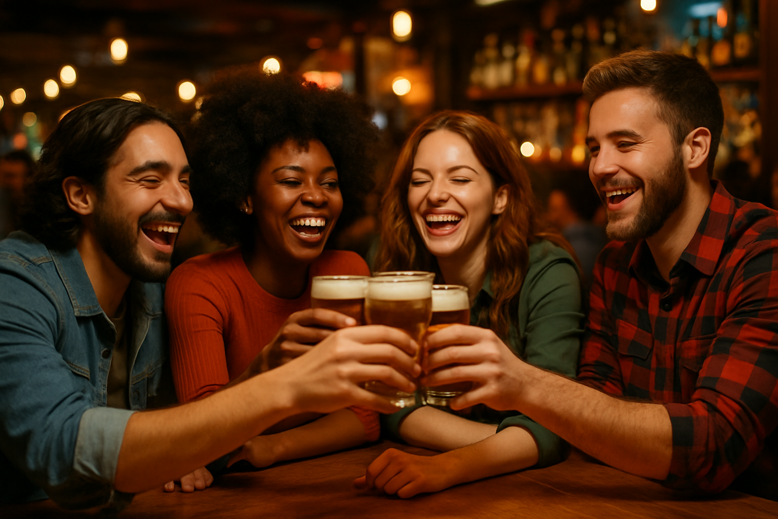 Friends enjoying a lively evening at the bar