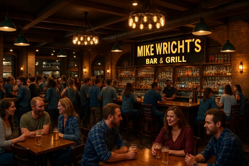 Interior of Mike Wrights Bar and Grill, featuring a lively crowd and inviting bar area.