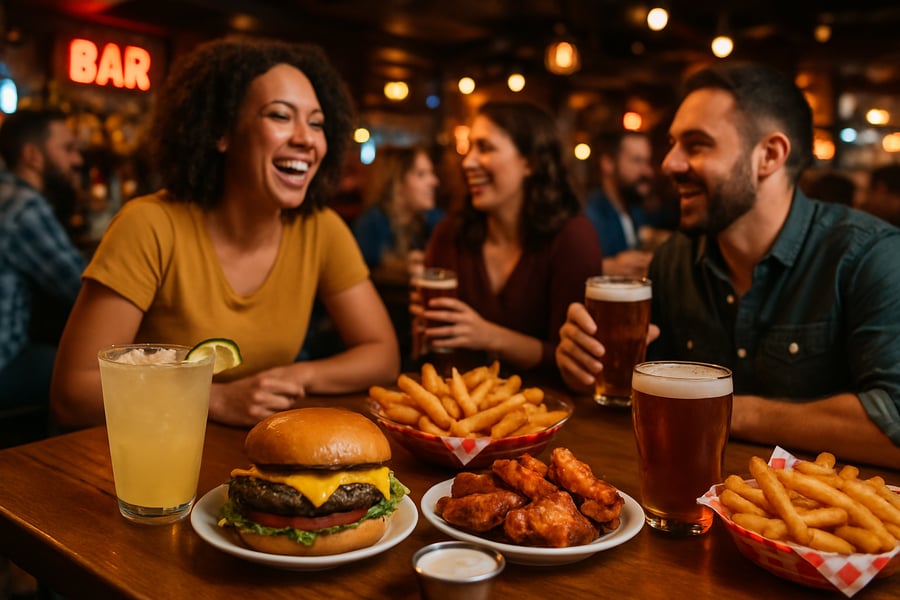 Lively bar and grill atmosphere with food and drinks